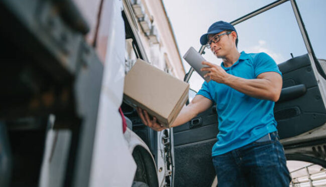 Courier loading parcels into a delivery van