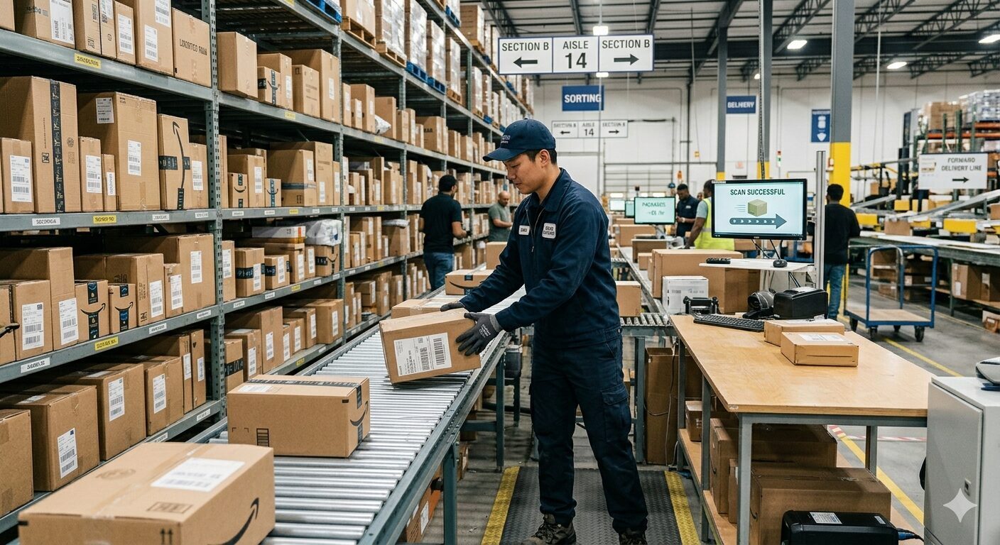 Warehouse worker sorting parcels on a conveyor line