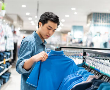 Retail assistant serving a customer at a store counter
