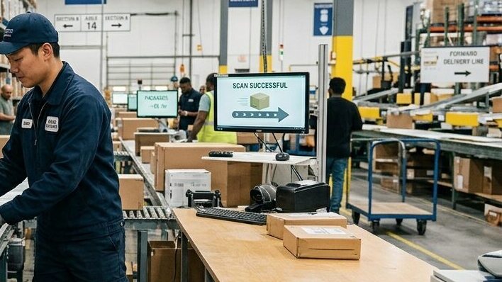 Pekerja mengimbas parcel di stesen sorting hab logistik