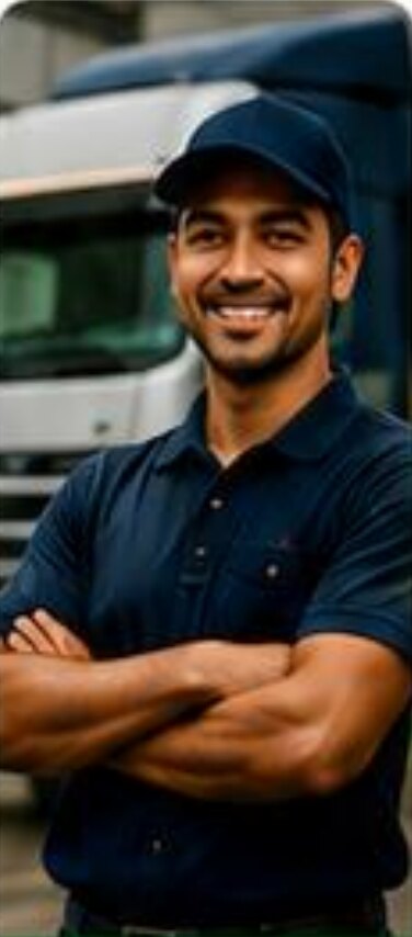 Truck driver standing in front of a lorry