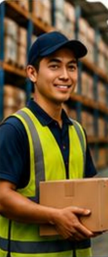Warehouse crew member carrying a carton